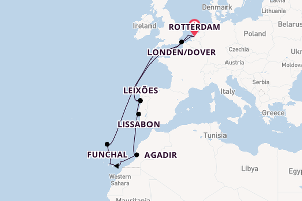 Portugal vanaf Rotterdam, Nederland met de Nieuw Statendam