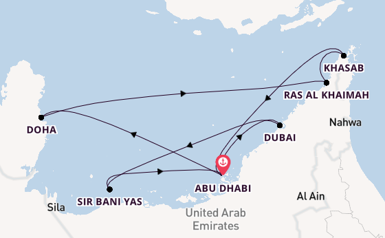 Perzische Golf vanaf Abu Dhabi, Verenigde Arabische Emiraten met de Celestyal Discovery