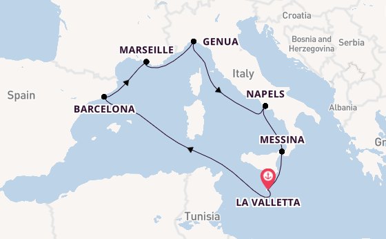 Westelijke Middellandse Zee vanaf La Valletta, Malta met de MSC World Asia