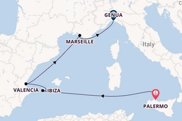 Westelijke Middellandse Zee vanaf Palermo, Sicilië met de MSC Grandiosa