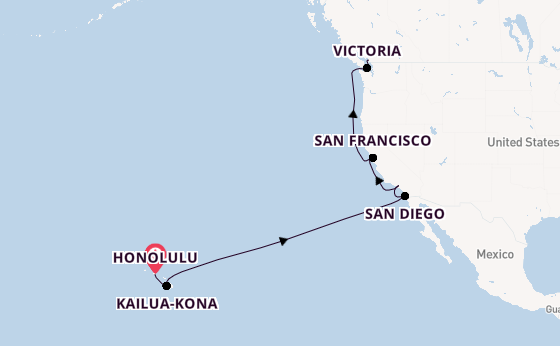 Amerikaanse Westkust vanaf Honolulu, Hawaï met de Royal Princess