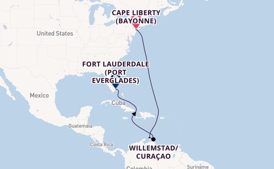 Southern Caribbean from Cape Liberty (Bayonne), New Jersey, USA with the Oasis of the Seas