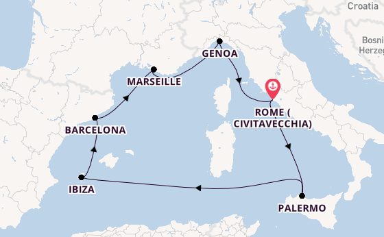 Western Mediterranean from Rome (Civitavecchia), Italy with the MSC Seaview