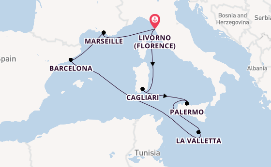 Westelijke Middellandse Zee vanaf Livorno (Florence), Italië met de MSC Splendida