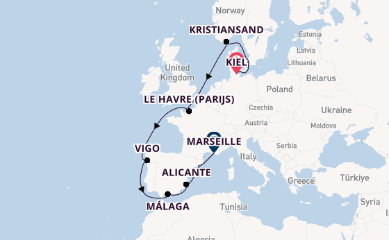 Westelijke Middellandse Zee vanaf Kiel, Duitsland met de Costa Diadema
