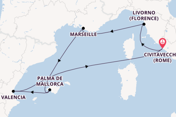 Westelijke Middellandse Zee vanaf Civitavecchia (Rome), Italië met de MSC Lirica