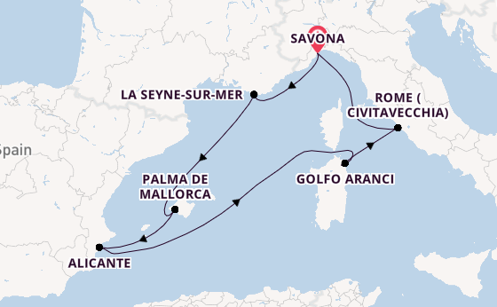 Western Mediterranean from Savona, Italy with the Costa Pacifica