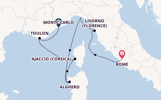 Westelijke Middellandse Zee vanaf Rome, Italië met de Silver Ray
