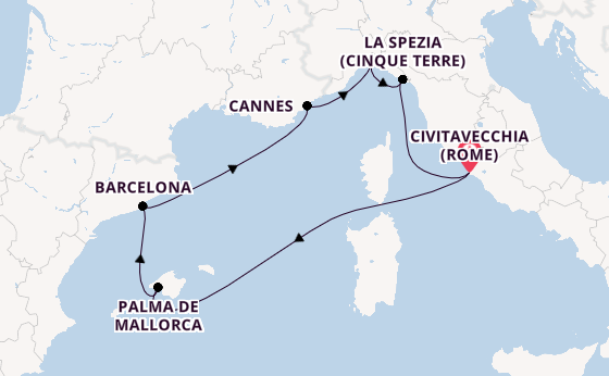 Westelijke Middellandse Zee vanaf Civitavecchia (Rome), Italië met de MSC Grandiosa