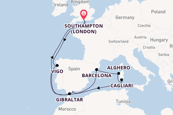 Western Mediterranean from Southampton, England with the Queen Anne