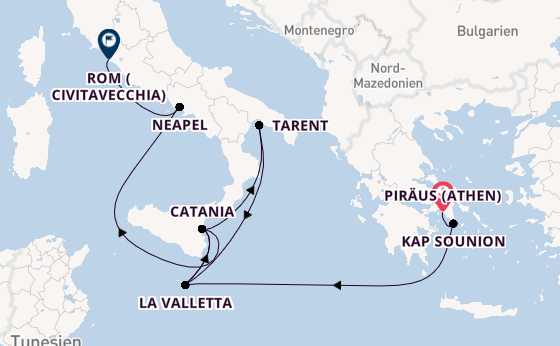 Westliches Mittelmeer ab Piräus (Athen), Griechenland auf der Costa Serena