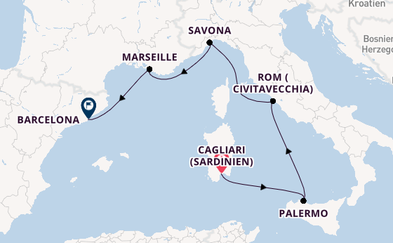 Westliches Mittelmeer ab Cagliari (Sardinien), Italien auf der Costa Smeralda