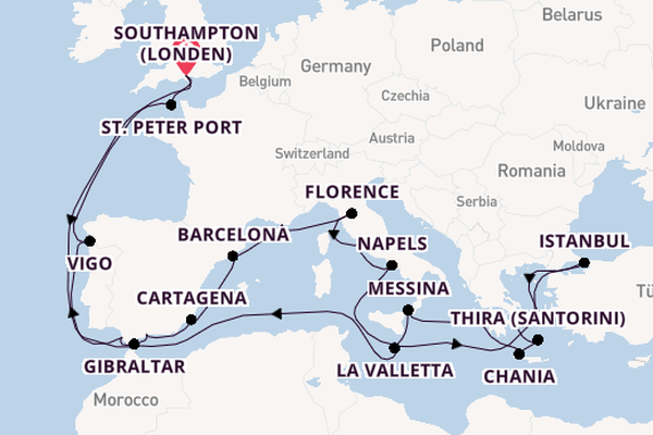 Middellandse Zee vanaf Southampton (Londen), Engeland met de Sky Princess