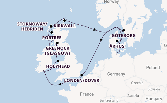 Britse Eilanden vanaf Kiel, Duitsland met AIDAbella