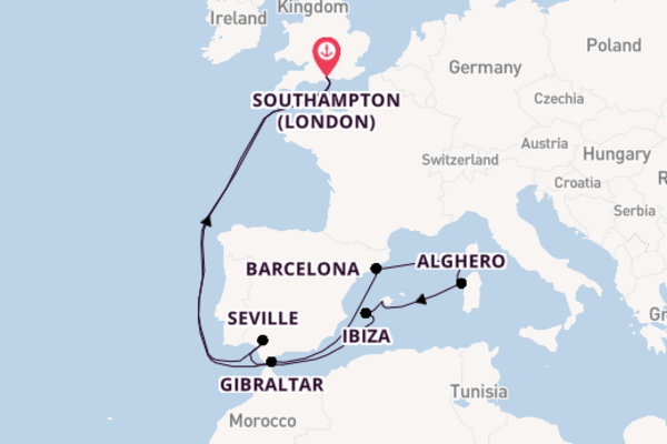 Western Mediterranean from Southampton, England with the Queen Anne