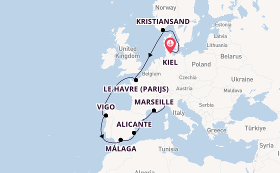 Westelijke Middellandse Zee vanaf Kiel, Duitsland met de Costa Diadema
