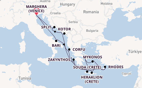 Eastern Mediterranean from Marghera (Venice) with the Costa Deliziosa