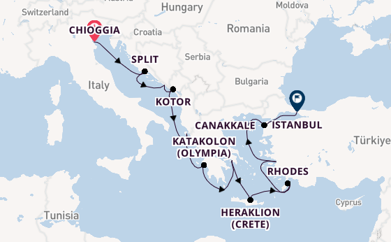 Eastern Mediterranean from Chioggia, Italy with the Viking Sky