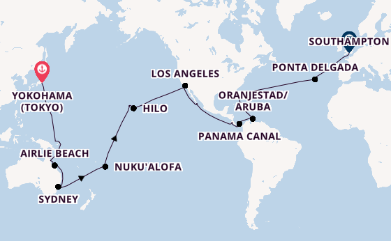 Round-the-World Trip from Yokohama (Tokyo), Japan with the Queen Elizabeth