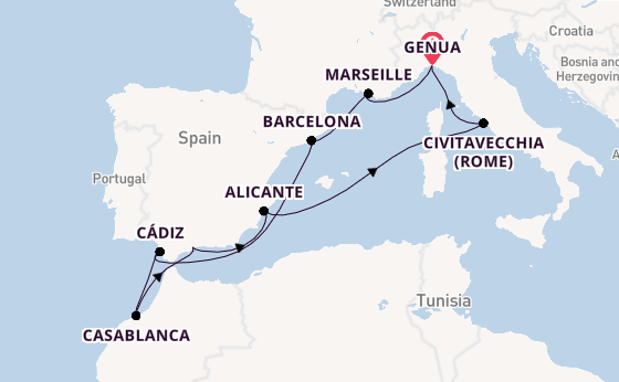 Westelijke Middellandse Zee vanaf Genua, Italië met de MSC Magnifica