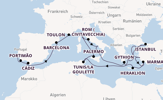 Mittelmeer ab Lissabon, Portugal auf der Regatta
