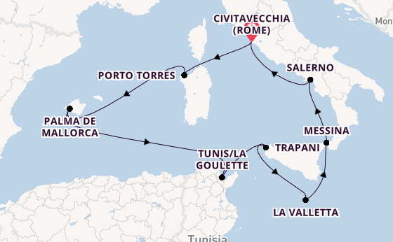 Westelijke Middellandse Zee vanaf Civitavecchia (Rome), Italië met de Allura