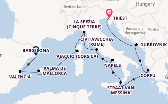 Westelijke Middellandse Zee vanaf Triëst, Italië met de Queen Elizabeth