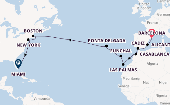 trans-Atlantisch vanaf Barcelona, Spanje met de MSC Meraviglia