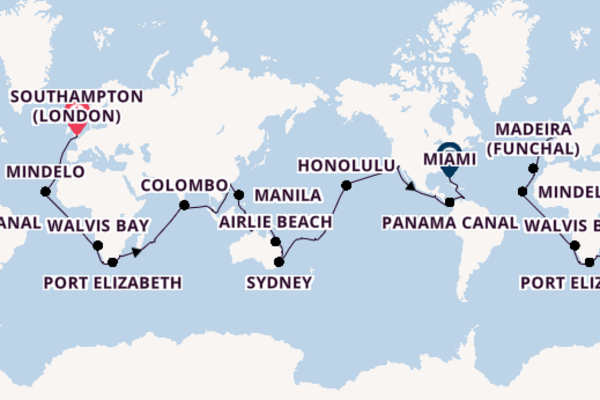 World Cruise from Southampton (London), England, United Kingdom with the Queen Anne