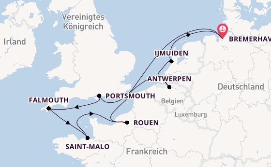 England ab Bremerhaven, Deutschland auf der Amadea