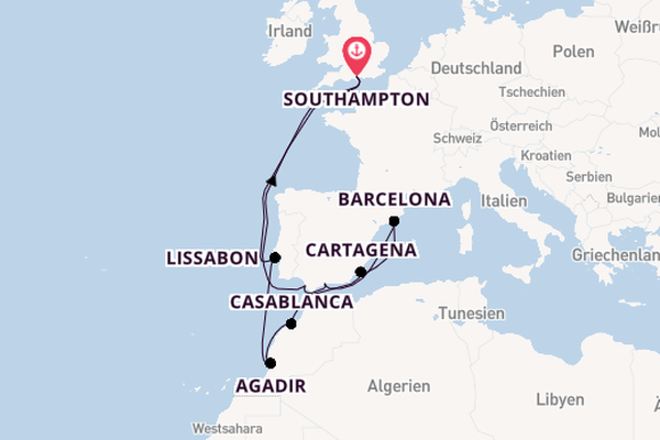 Westliches Mittelmeer ab Southampton, Großbritannien auf der Aurora