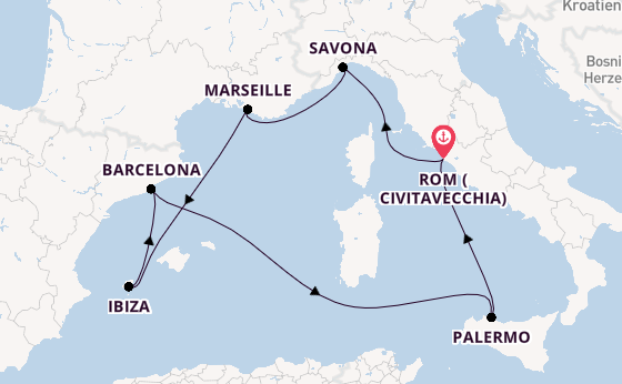 Westliches Mittelmeer ab Civitavecchia (Rom), Italien auf der Costa Smeralda