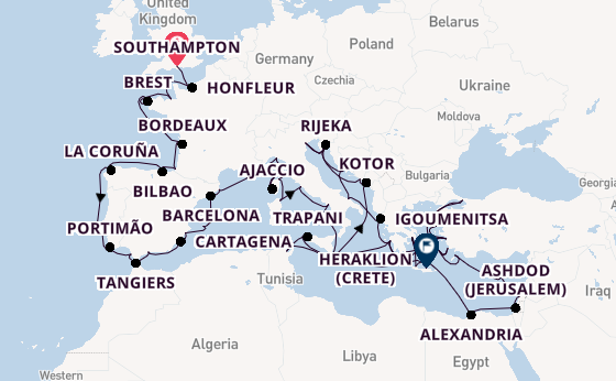Mediterranean Sea from Southampton, England with the Seven Seas Mariner