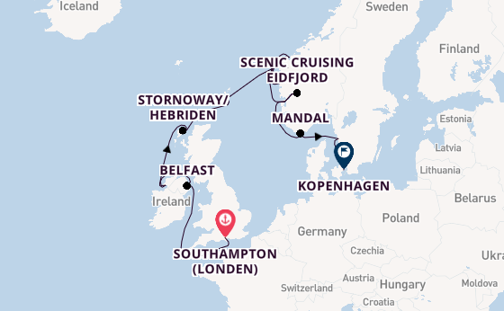 Noorwegen vanaf Southampton (Londen), Engeland met de Marina