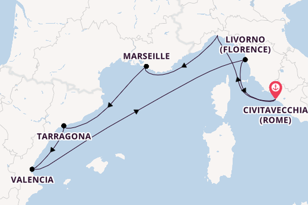 Westelijke Middellandse Zee vanaf Civitavecchia (Rome), Italië met de MSC Orchestra
