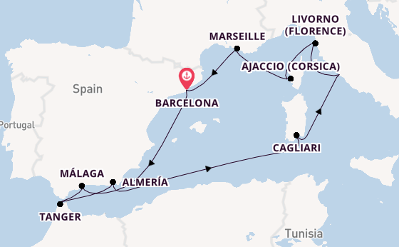 Westelijke Middellandse Zee vanaf Barcelona, Spanje met de Oosterdam