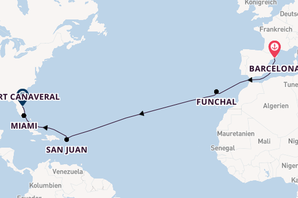 Transatlantik ab Barcelona, Spanien auf der MSC Grandiosa