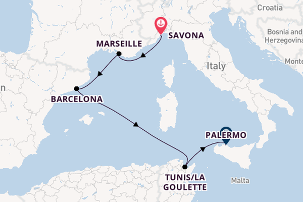 Westelijke Middellandse Zee vanaf Savona, Italië met de Costa Pacifica