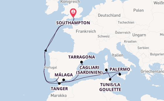 Mittelmeer ab Southampton, Großbritannien auf der Queen Elizabeth