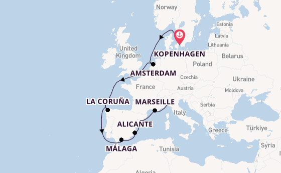 Westelijke Middellandse Zee vanaf Kopenhagen, Denemarken met de MSC Euribia