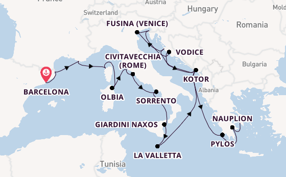 Middellandse Zee vanaf Barcelona, Spanje met de Seabourn Ovation