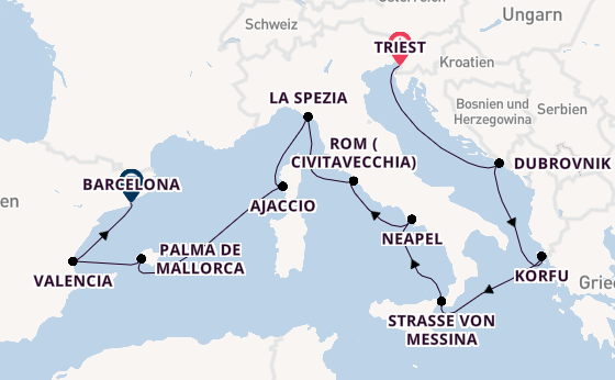 Westliches Mittelmeer ab Triest, Italien auf der Queen Elizabeth