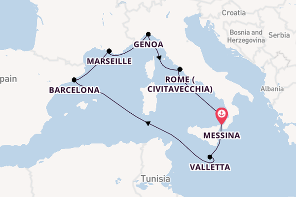 Western Mediterranean from Messina, Sicily, Italy with the MSC World Europa