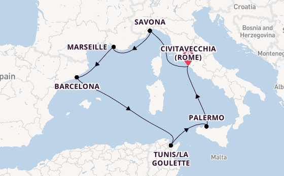 Westelijke Middellandse Zee vanaf Civitavecchia (Rome), Italië met de Costa Toscana