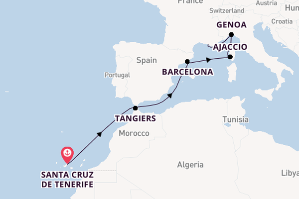 Western Mediterranean from Santa Cruz de Tenerife, Spain with the Costa Smeralda