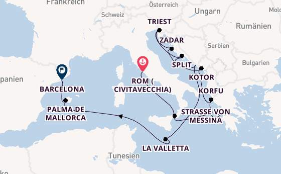 Mittelmeer ab Civitavecchia (Rom), Italien auf der Queen Victoria