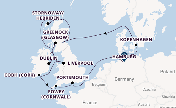 Britse Eilanden vanaf Kiel, Duitsland met de VASCO DA GAMA