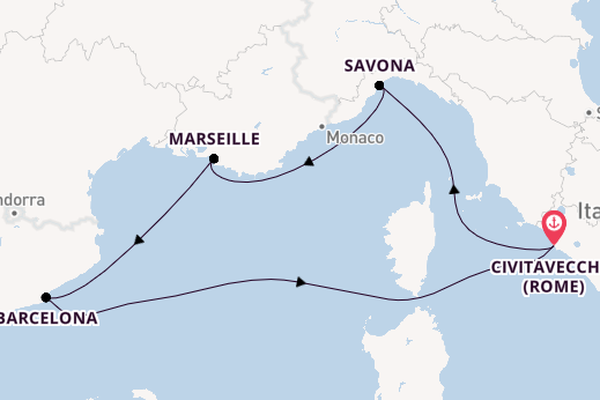 Westelijke Middellandse Zee vanaf Civitavecchia (Rome), Italië met de Costa Smeralda