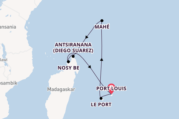 Indischer Ozean ab Port Louis, Mauritius auf AIDAstella