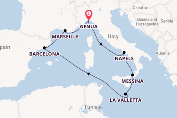 Westelijke Middellandse Zee vanaf Genua, Italië met de MSC World Europa